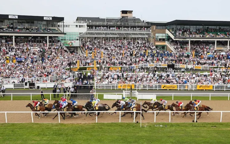 An view from above of the packed grandstands at Newcastle, watching the horses race in front